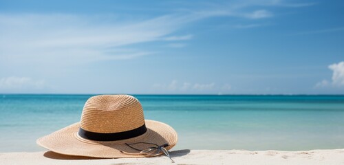 A stylish, wide-brimmed sun hat resting on a tropical beach, with a background of azure ocean waters and a clear, bright sky. The hat casts a delicate shadow on the smooth sand.
