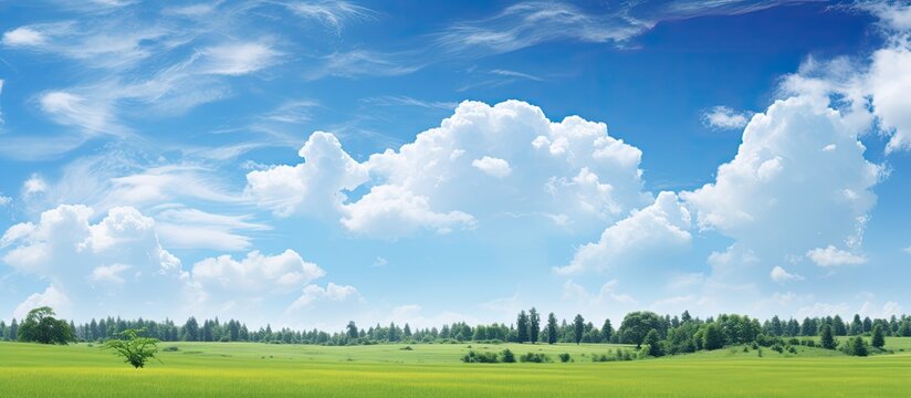 On a beautiful summer day, the sky was painted in a stunning shade of blue, with fluffy white clouds adorning the vibrant landscape, creating a picturesque and breathtaking view of the natural beauty