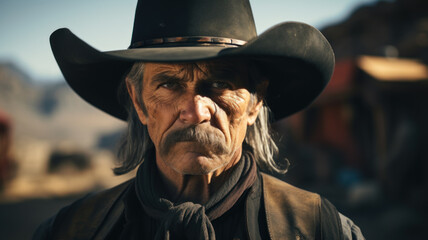 Face of cowboy or sheriff like in western movie, portrait of old man in hat and brown vintage outfit. Concept of wild west, outlaw, people, character - obrazy, fototapety, plakaty