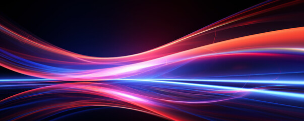 Abstract neon lines background, pattern of glowing fast motion in futuristic digital space. Cyberspace with waves of blue and purple light. Concept of tech, future, data, speed