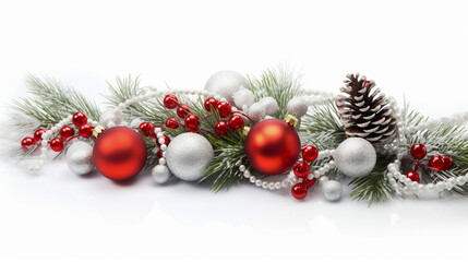 Fototapeta na wymiar Christmas decoration with fir branches, balls and beads isolated on white background. Merry Christmas and Happy New Year concept. 