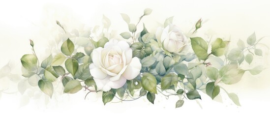 In an exquisite vintage watercolor illustration, a beautiful white rose, adorned with delicate green leaves, blooms in a stunning floral garden, capturing the essence of nature's beauty. Isolated