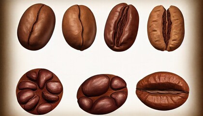 Set roasted coffee bean background brown hot drink espresso closeup aroma agriculture seed food caffeine mocha cappuccino arabic black isolated white texture beverage aromatic energy dark macro