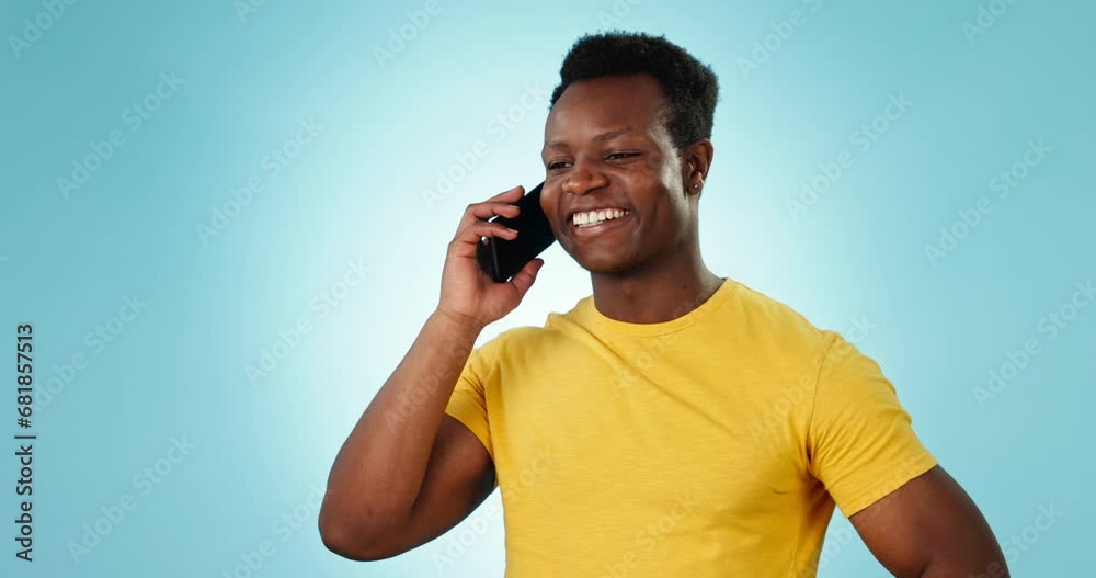 Poster Man, communication and smile for phone call in studio by blue background for conversation, hello and chat. Happy black person, smartphone and networking on technology, laughing and talk to connect