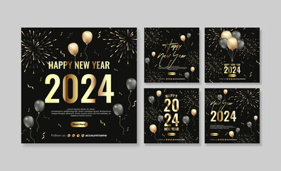Happy new year 2024 social media post template design collection - obrazy, fototapety, plakaty