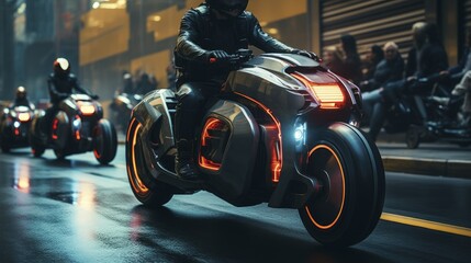 Self driving motorcycles autonomous vehicles advanced technology innovative transport futuristic - obrazy, fototapety, plakaty