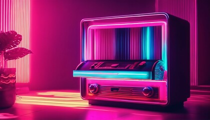 Chill living room with a retro vintage stereo jukebox and neon vaporwave color mood - obrazy, fototapety, plakaty