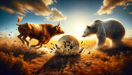 Bull and bear financial market - Emphasizing Bitcoin and crypto trading with copyspace area in nature, ecology - obrazy, fototapety, plakaty