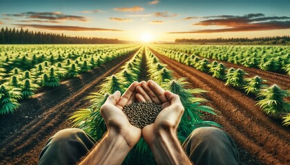 Cannabis seeds in hemp farmer's hands - outdoor farm field cultivation - obrazy, fototapety, plakaty