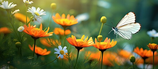 In the colorful beauty of the summer garden, a white flower adds a touch of natural elegance, while a vibrant orange insect flutters among the green plants, enhancing the overall beauty of the scene.