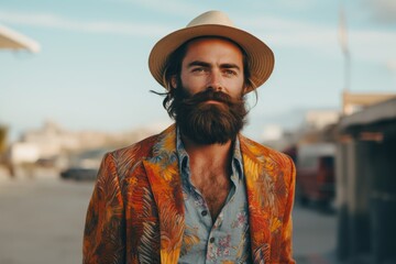 Portrait of a handsome man with a long beard and mustache in a colorful shirt and hat. - obrazy, fototapety, plakaty