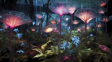 Bioluminescent plants advanced technology innovative genetic engineering glowing flora futuristic