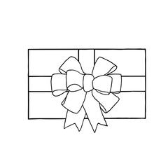Gift box with a beautiful bow. Outline drawing. Hand drawn vector illustration. Design element. For coloring, cards, printing, packaging, invitations, business cards, advertising
