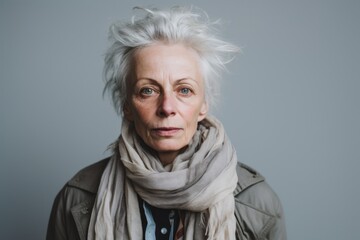 Portrait of a senior woman with grey hair and a scarf.