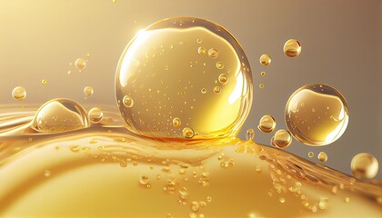 golden yellow Bubbles oil collagen serum Molecule cosmetic product 3d rendering fuel natural crude gasoline liquid power background olive gold nature dripped pour organic concept water ingredient - obrazy, fototapety, plakaty