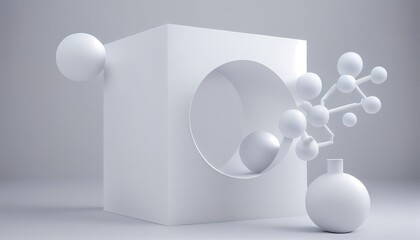 White cube box molecule wall splay podium mockup background cosmetic product stand 3d rendering molecular modern racked display design blank template empty three-dimensional illustration object