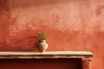 A warm, terracotta red wall with a rough, natural texture