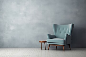 Interior wall blue armchair wood. Space gray. Generate Ai