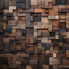 Close-up of a wall with a patchwork of different wood types, showing varied grains - obrazy, fototapety, plakaty