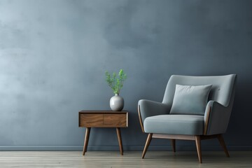 Cozy Interior wall blue armchair wood. Space gray. Generate Ai