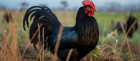 In the lush green expanse of the farm, a black chicken with iridescent feathers pecked the ground, blending seamlessly with nature's beauty, embodying the harmonious connection between animals and