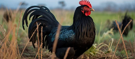 Draagtas In the lush green expanse of the farm, a black chicken with iridescent feathers pecked the ground, blending seamlessly with nature's beauty, embodying the harmonious connection between animals and © 2rogan