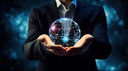 Digital technology, businessman holding Global network connection. Big data analytics and business intelligence. World map point and line composition of global business. innovation, generate by AI