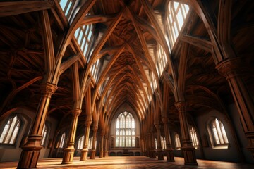 Obraz premium Wooden interior cathedral. Culture tourism. Generate Ai