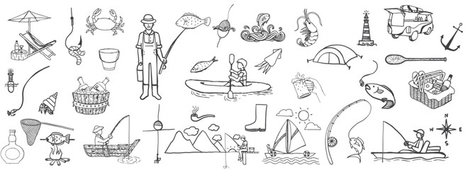 fishing vector illustration. Rods and fish icons. Design elements for logo, label, emblem, sign, badge. Vector illustration. 