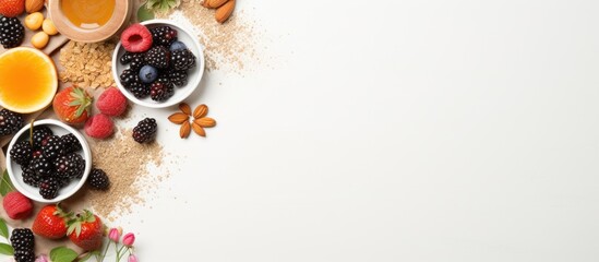 From a top view, a breakfast rich in organic, natural and healthy foods is showcased, including black honey, milk, cereal, and a protein-packed meal. This display represents a healthy lifestyle - obrazy, fototapety, plakaty