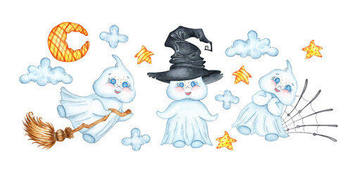Set of watercolor illustrations of three little cute ghosts with hat, broom, cobweb, moon, star and cloud. Halloween spirit isolated on white background. Design concept for poster, card, banner, 