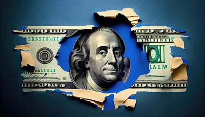 The US dollar came blue torn paper background Concept th represents power Europe Crisis 2020 financial cash business banknote economy america american bank banking capital commerce country - obrazy, fototapety, plakaty