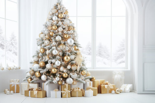 Big beautiful christmas tree decorated with beautiful shiny baubles and many different presents on white wooden floor