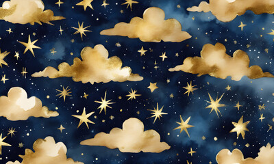 Obraz na płótnie Canvas Cute Watercolor Kids Night Sky Painting Golden Stars Background Illustration Postcard Artwork Banner Flyer Ads Gift Card Template
