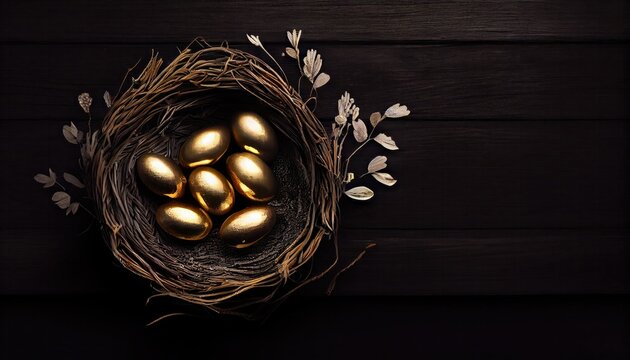 The egg painted gold basket black wooden background top view space text Minimalist color 2020 Trendy FLATLAY celebration easter luxury decoration arranged beautiful bronze colours concept