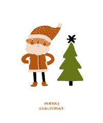 Merry Christmas Vector Card. Hand Drawn Santa Claus, Christmas Tree with Black Star Isolated on a White Background.Infantile Style Christmas Illustration.Crayon Drawing-Like Xmas Tree and Santa. RGB. 