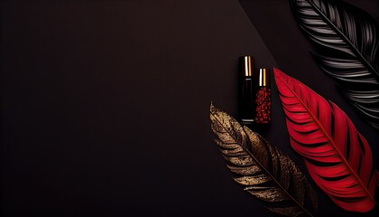 Red golden black Nail polish luxury leaf background top view copy space Minimal trendy 2020 Cosmetics concept glamour glasses gloss gold hygiene idea lacquer manicure accessory beauty bottle tree