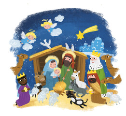 cartoon illustration of the holy family josef mary traditional scene illustration for children