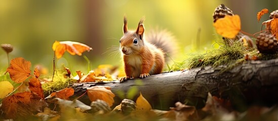 In the heart of Europe, a beautiful green forest showcased the stunning beauty of nature during the summer, as cute animals roamed freely amidst the tall trees and vibrant autumn leaves, enchanting - obrazy, fototapety, plakaty
