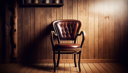 Leather wood chair old wooden background copy space apartment furniture comfort stool seat brown elegance alone anxiety classic collage collection comfortable contemporary covering decoration - obrazy, fototapety, plakaty