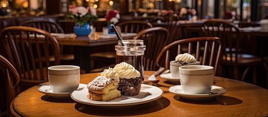 In the cozy wooden restaurant, a tempting menu showcased decadent desserts like chocolate cake, profiteroles, and milkshakes with creamy cocoa and sugar, baked to perfection in . As customers savored