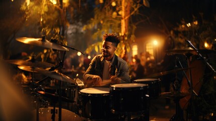 Young musician man play in band on drums and guitar near cafe in evening city street
