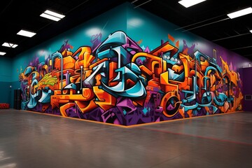 Campus Identity Mural: A captivating graffiti mural portraying a bustling school campus with the...