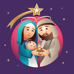 Holy family, Nativity Scene with Jose, Mary and baby Jesus. Vector illustration.