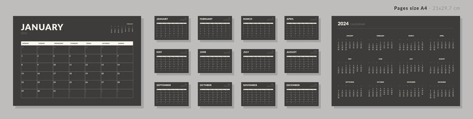 Set of Monthly page Calendar Planner Template on 2024. Isolated Vector layout horizontal of a wall or desk calendar with week start Monday. Pages for size A4 or 21x29.7 cm in dark color.