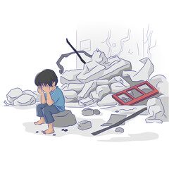 瓦礫の中で座り込む子供