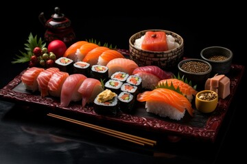 Obraz na płótnie Canvas Japanese sushi top view set. Sashimi sauce. Generate Ai