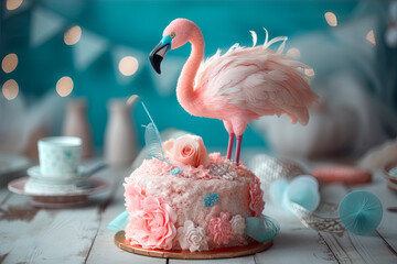 A pink cake with a flamingo on top of it