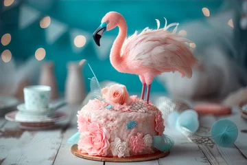 Wandaufkleber A pink cake with a flamingo on top of it © Andreas