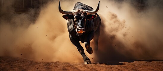 In Spain, bullfighting is a dangerous tradition deeply rooted in Spanish culture, where black bulls with powerful horns showcase the raw and intense emotions of both the audience and the brave - obrazy, fototapety, plakaty